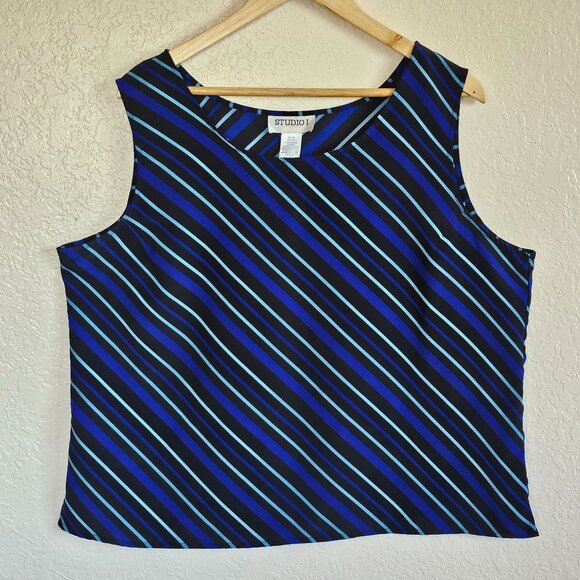 Striped Sleeveless Blouse By Studio I Size 18 Black/Blue Diagonal Stripes Polyes - Picture 1 of 5